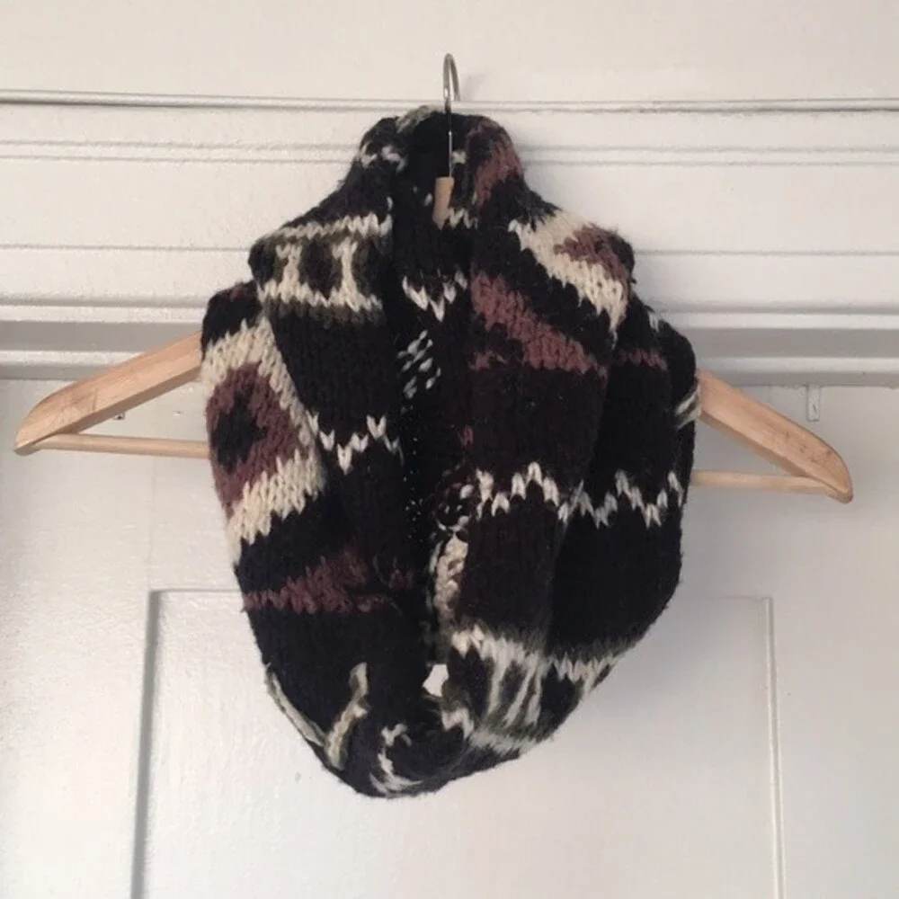 black, brown, white abstract print womens Infinity circle scarf boho